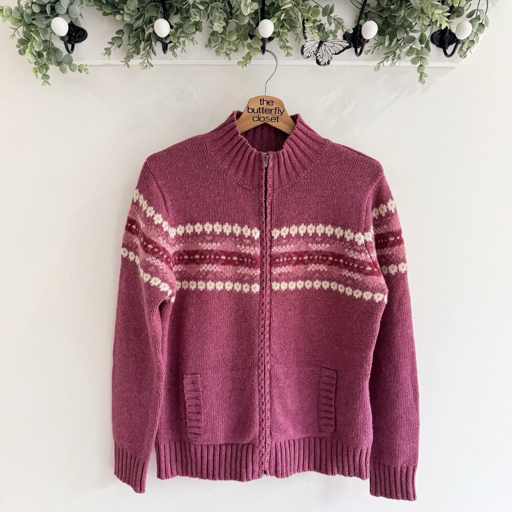 L.L.Bean Women’s Vintage Nordic Zip Up Cardigan Sweater Pink Size M A4884